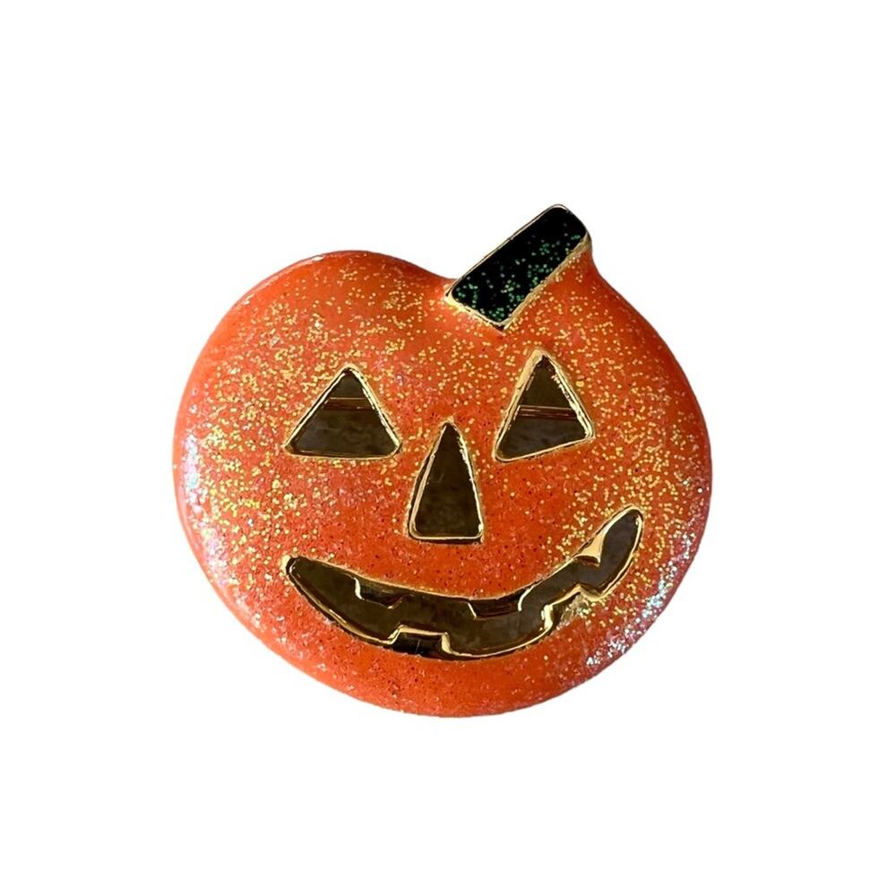 Vintage Halloween Pumpkin Brooch Jack O Lantern Glitter Pin Fall Jewelry AAI